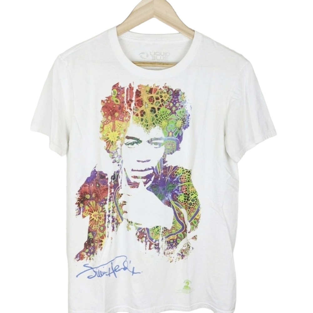 Jimi Hendrix Riding With The Wind White Colorful Liquid Blue T-shirt Size M
